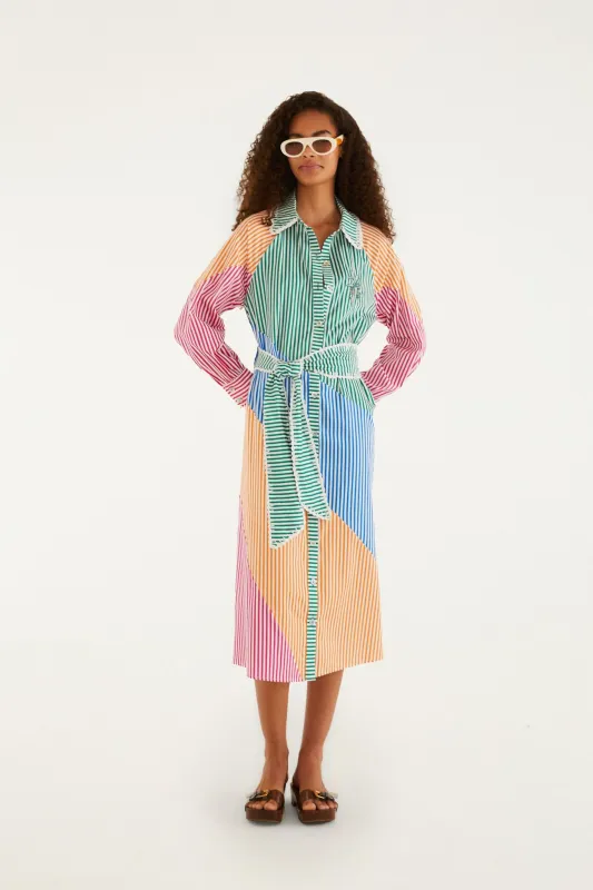Multicolor Stripes Embroidered Belted  Midi Dress made by FARM Rio