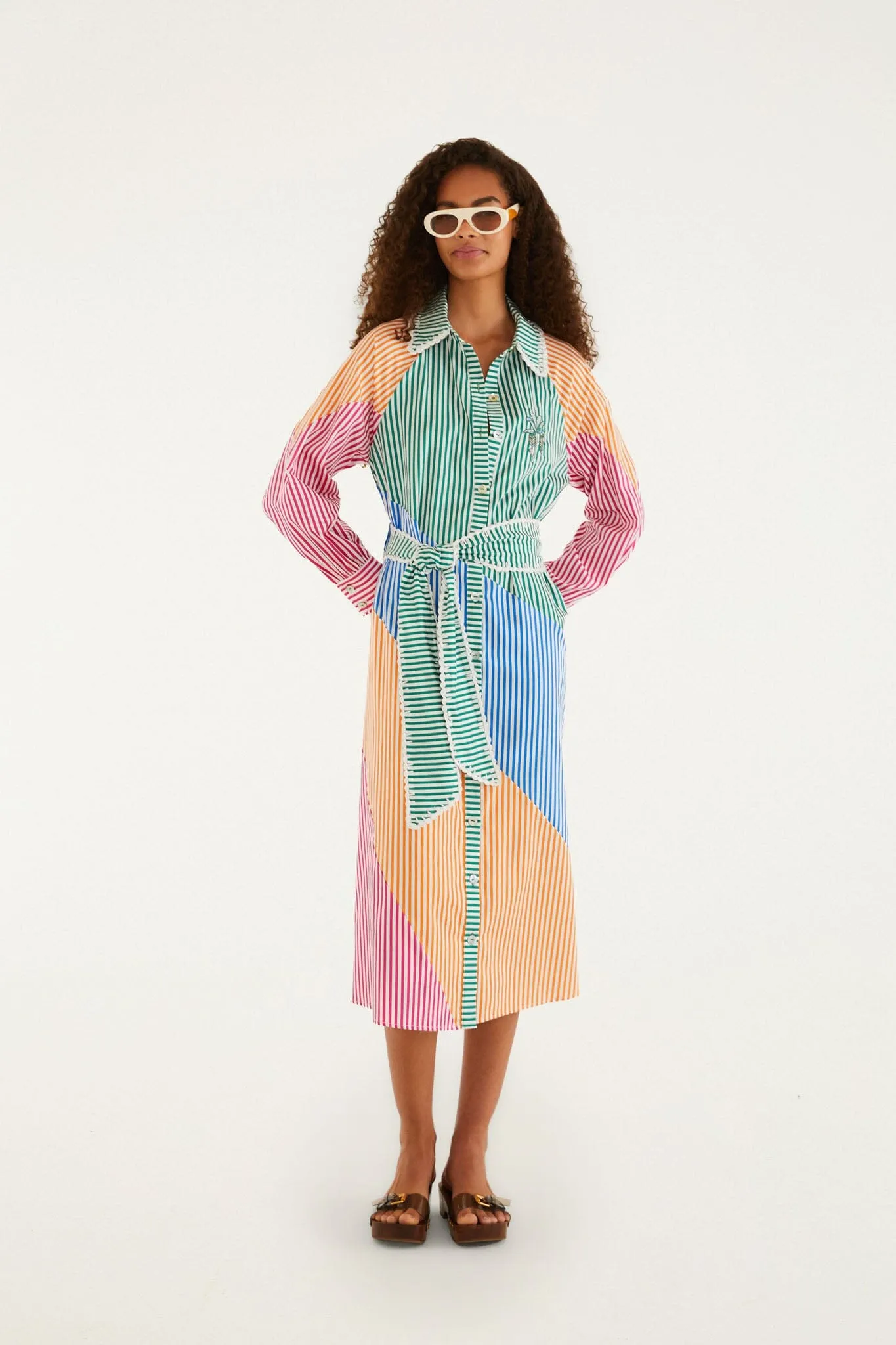 Multicolor Stripes Embroidered Belted Midi Dress sold by FARM Rio