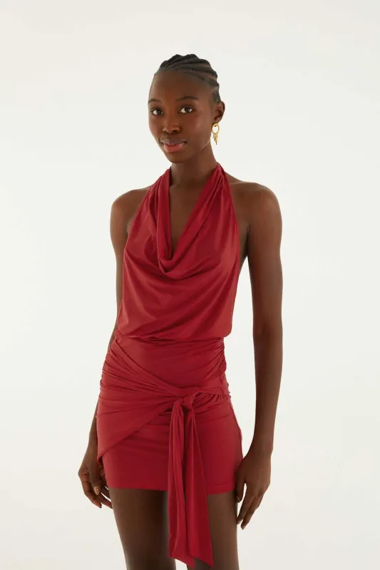 Red Draped Halter Neck Mini Dress made by FARM Rio