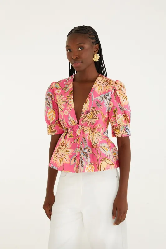 Pink Ligia Floral Puff Sleeve Blouse made by FARM Rio