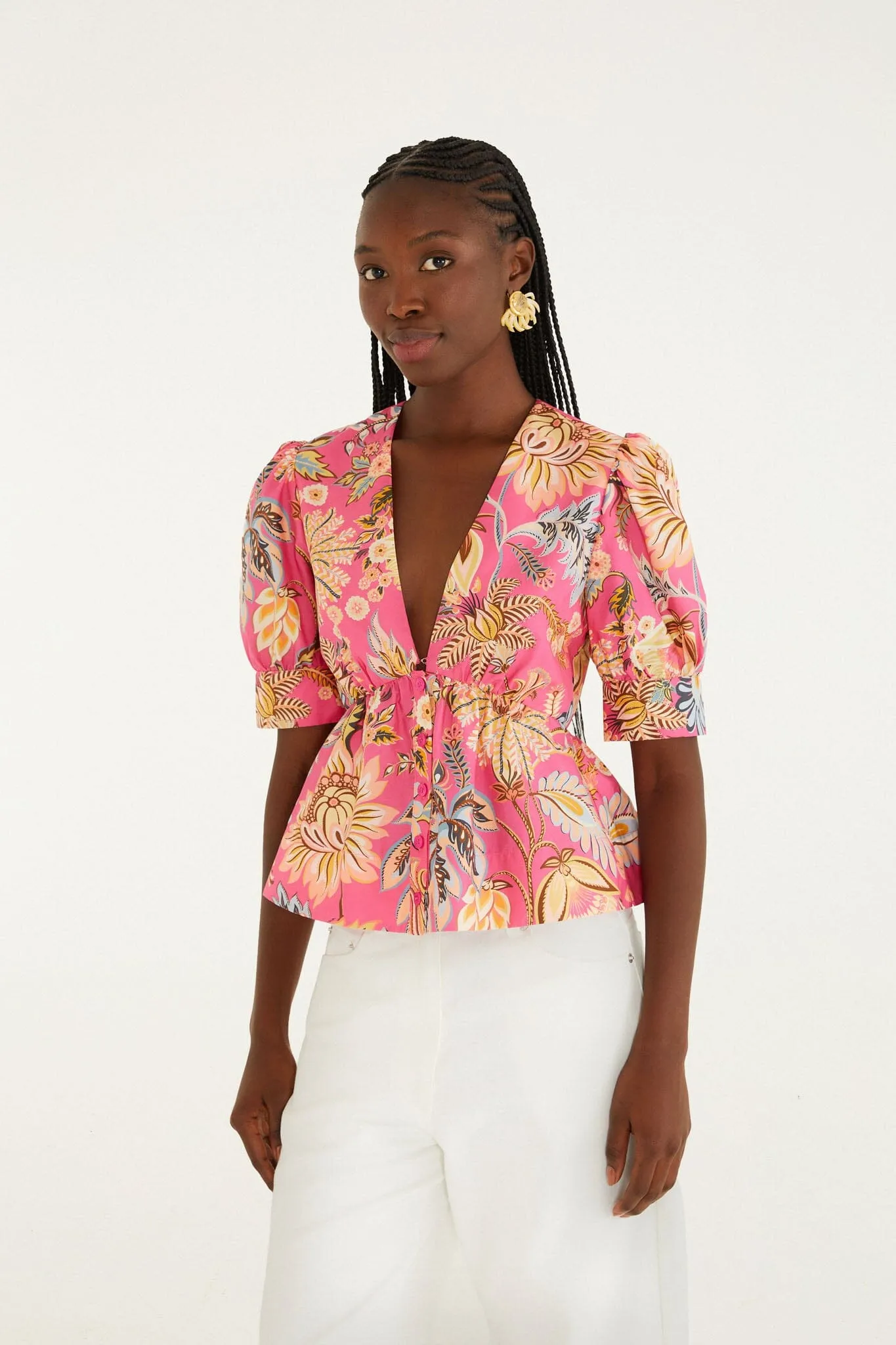 Pink Ligia Floral Puff Sleeve Blouse sold by FARM Rio