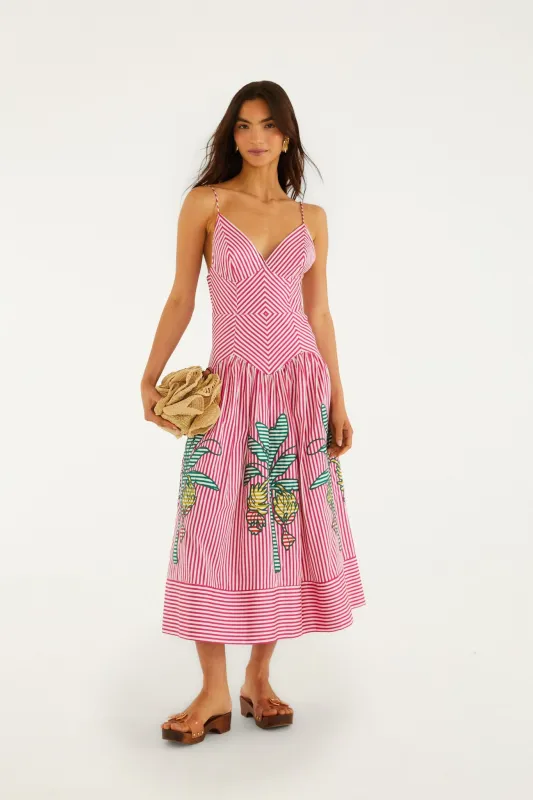 Pink Palm Tree Stripes Cutwork  Midi Dress made by FARM Rio