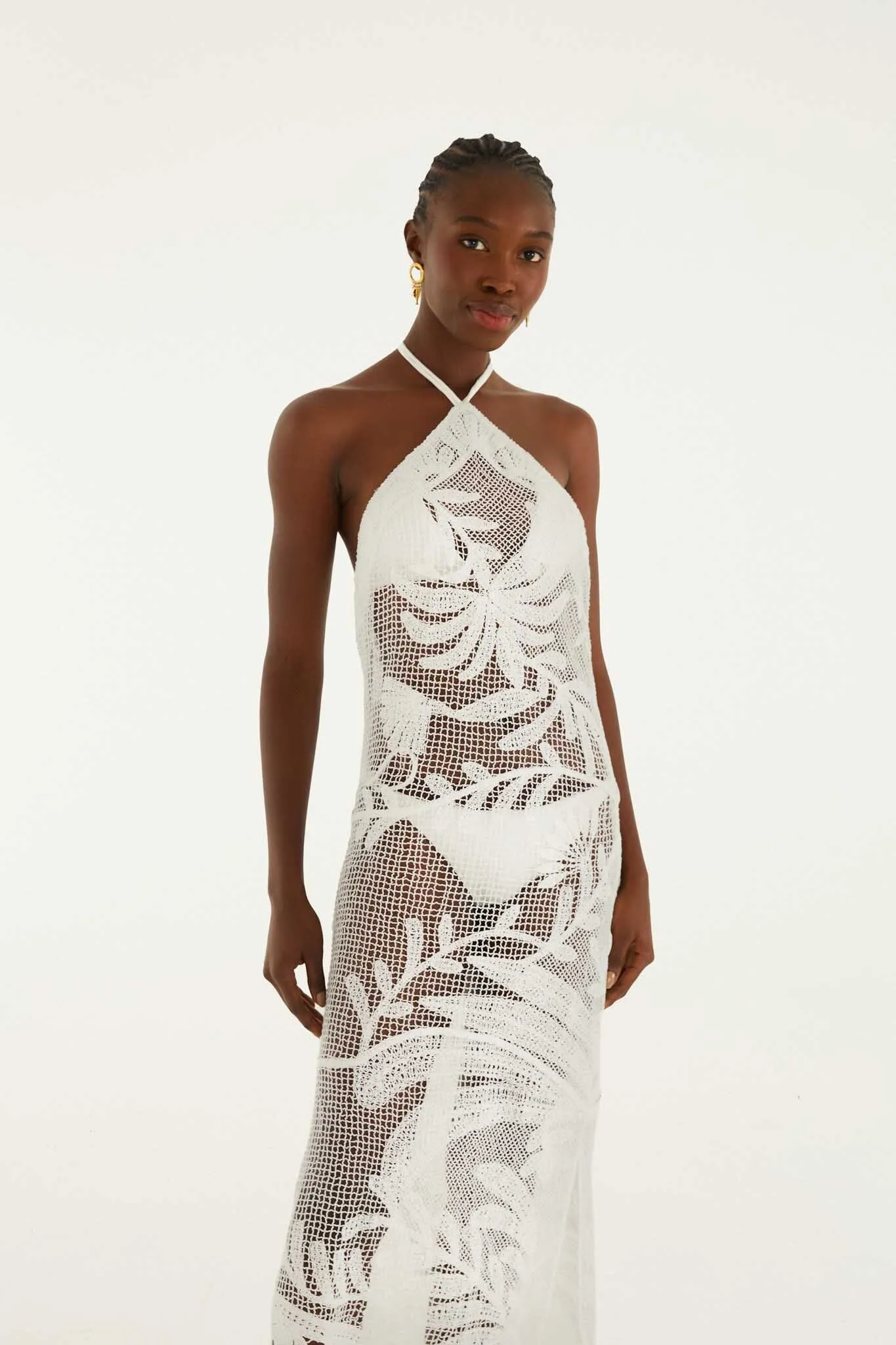 White Crochet Halter Neck Sheer Midi Dress sold by FARM Rio product image thumbnail 2