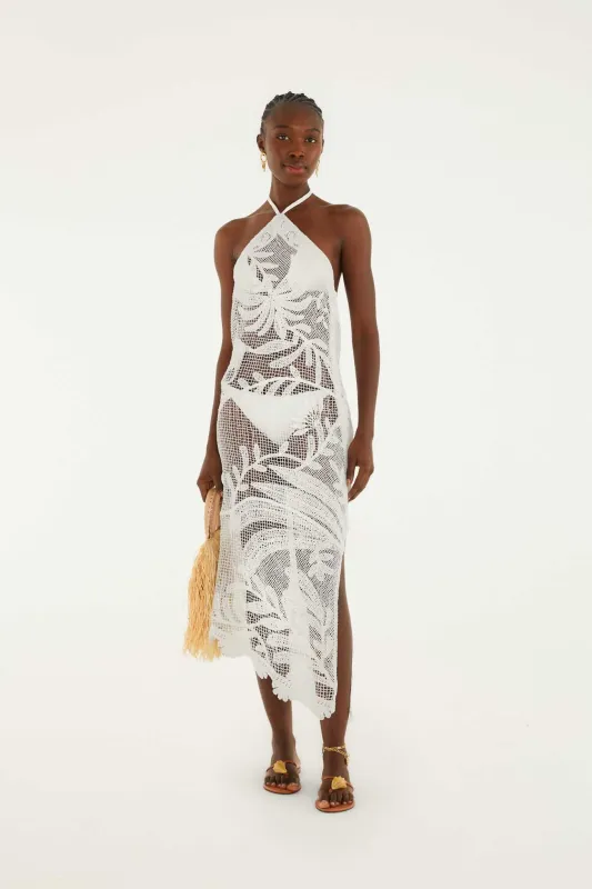 White Crochet Halter Neck Sheer Midi Dress made by FARM Rio