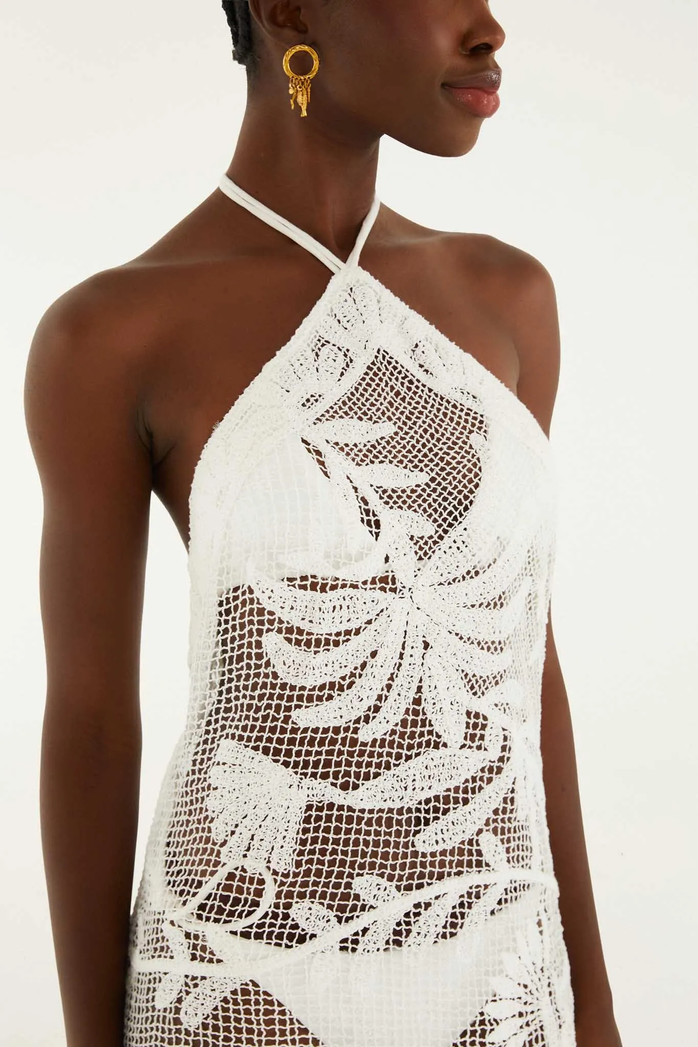 White Crochet Halter Neck Sheer Midi Dress sold by FARM Rio product image thumbnail 3
