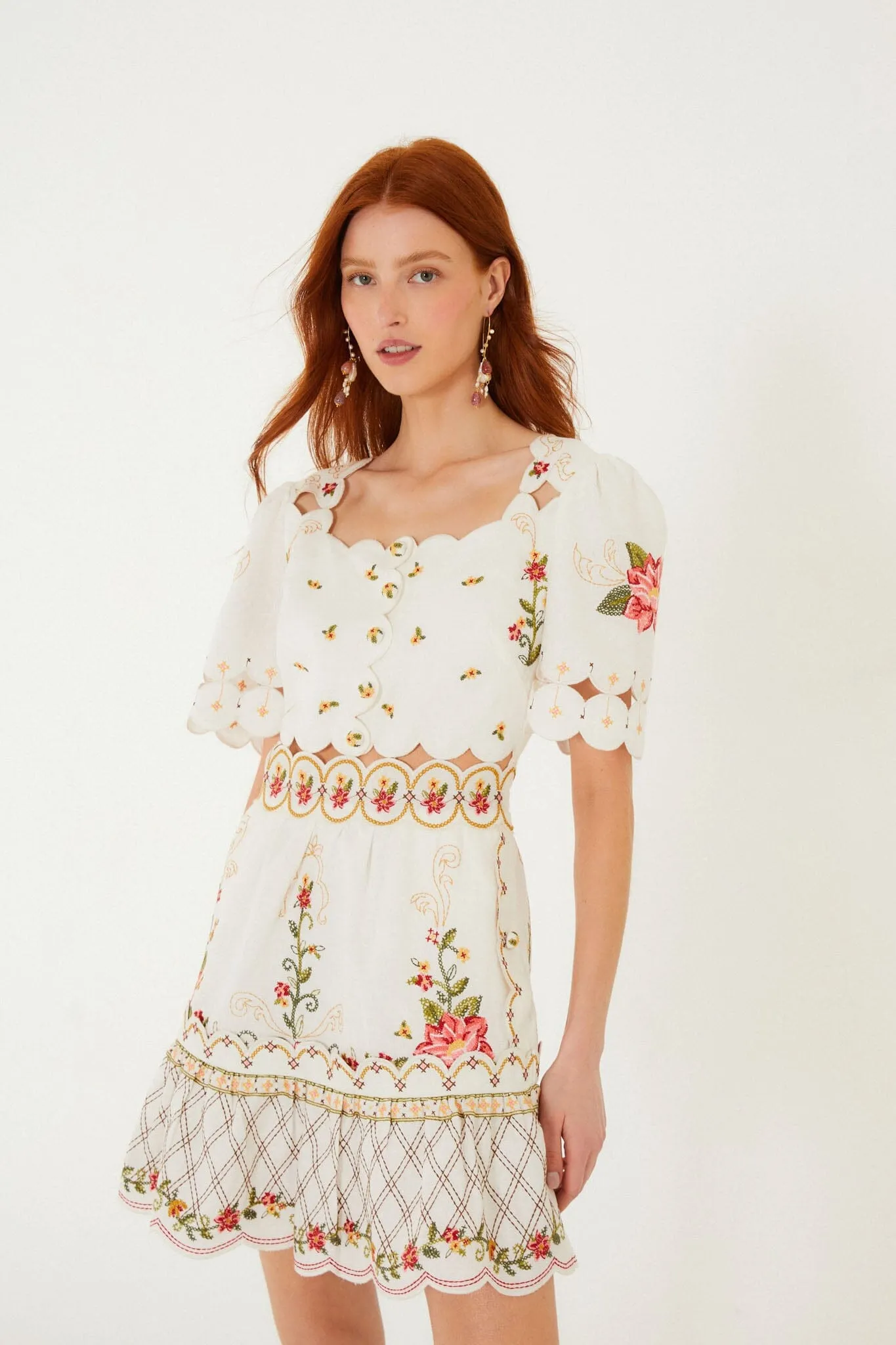 Off-White Flower Embroidery Scalloped Mini Dress sold by FARM Rio product image thumbnail 4