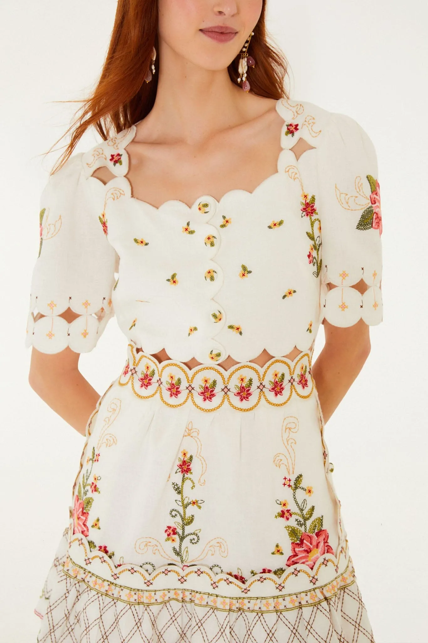Off-White Flower Embroidery Scalloped Mini Dress sold by FARM Rio product image thumbnail 2
