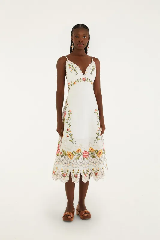 Off-White Flower Embroidery Asymetric Hem Midi Dress made by FARM Rio