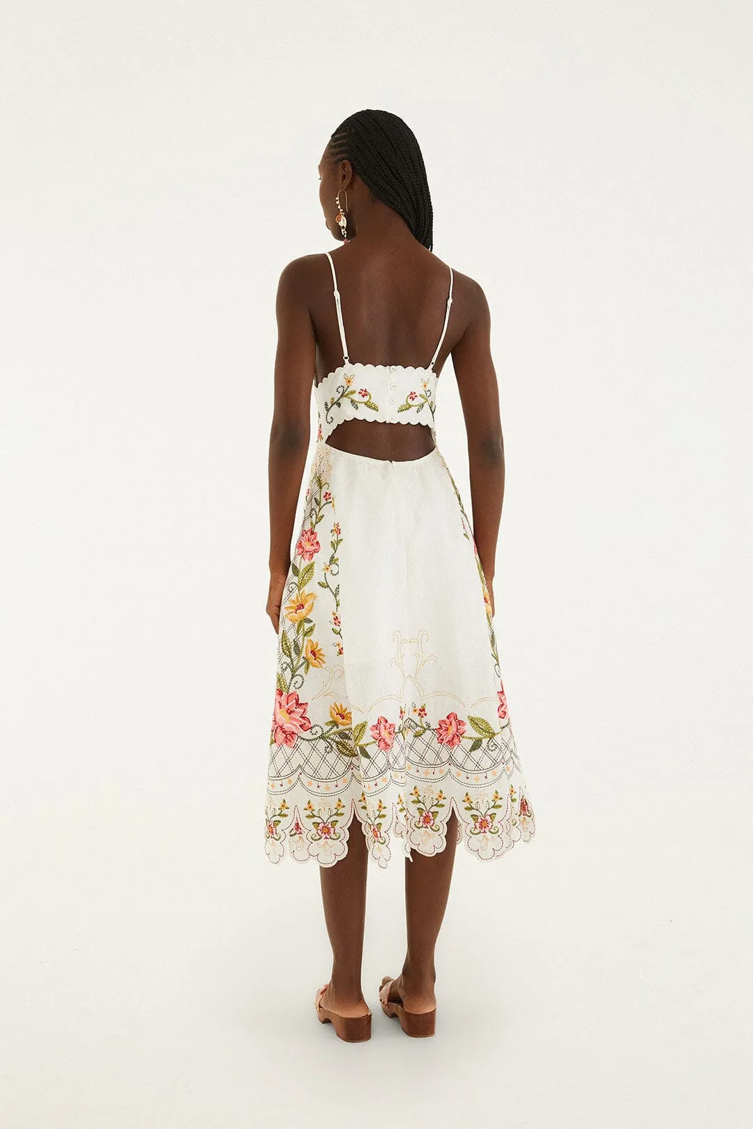 Off-White Flower Embroidery Asymetric Hem Midi Dress sold by FARM Rio product image thumbnail 3