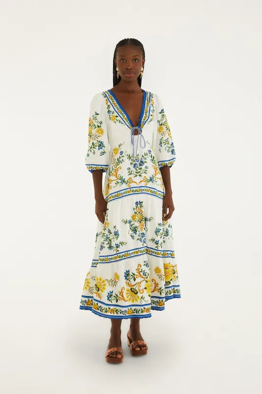 Off-White Emily Floral Tapestry Drawstring Midi Dress made by FARM Rio