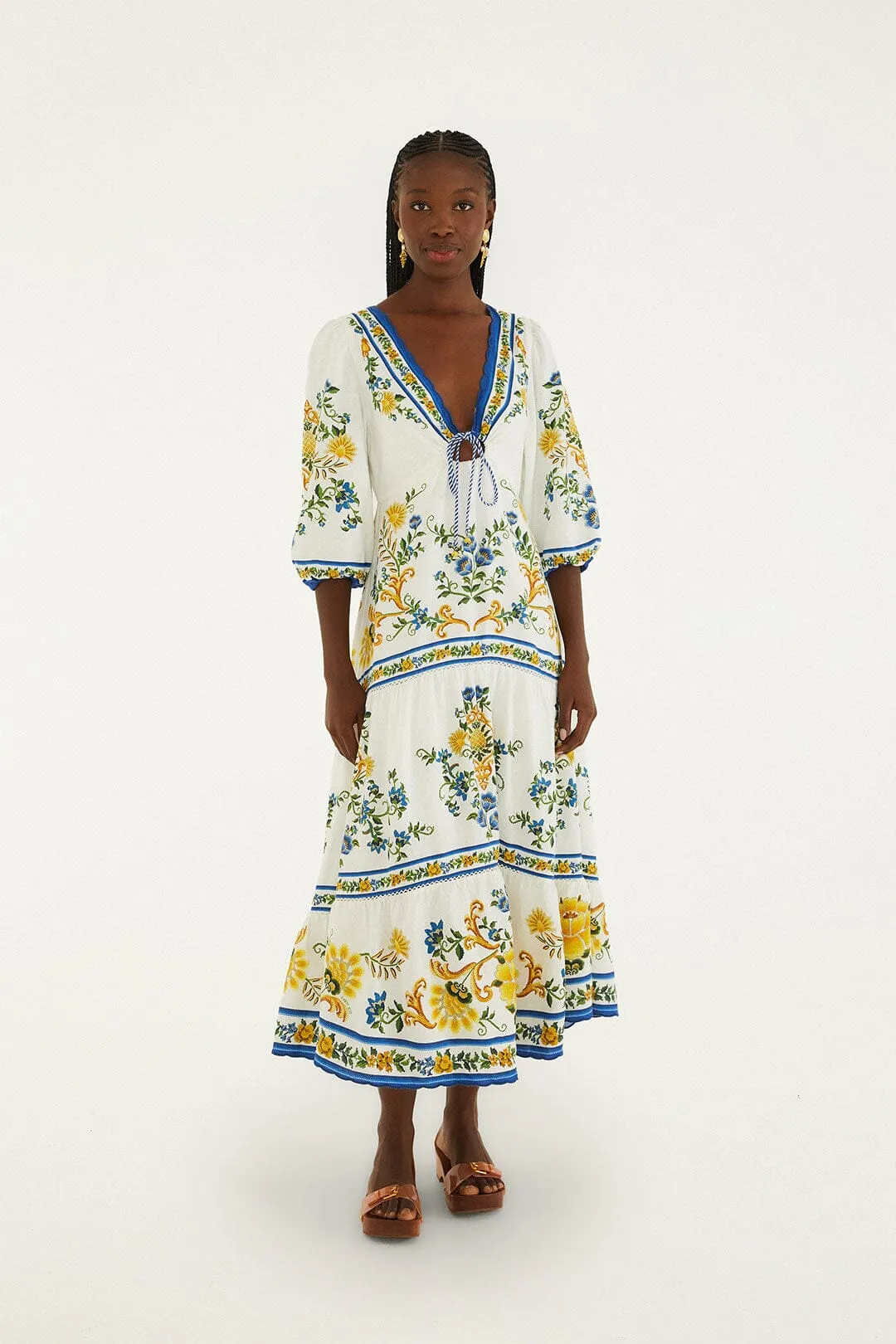 Off-White Emily Floral Tapestry Drawstring Midi Dress sold by FARM Rio