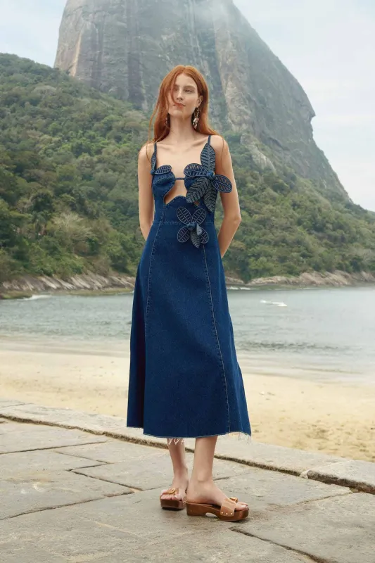 Denim 3D Flower Cut-Out Midi Dress made by FARM Rio
