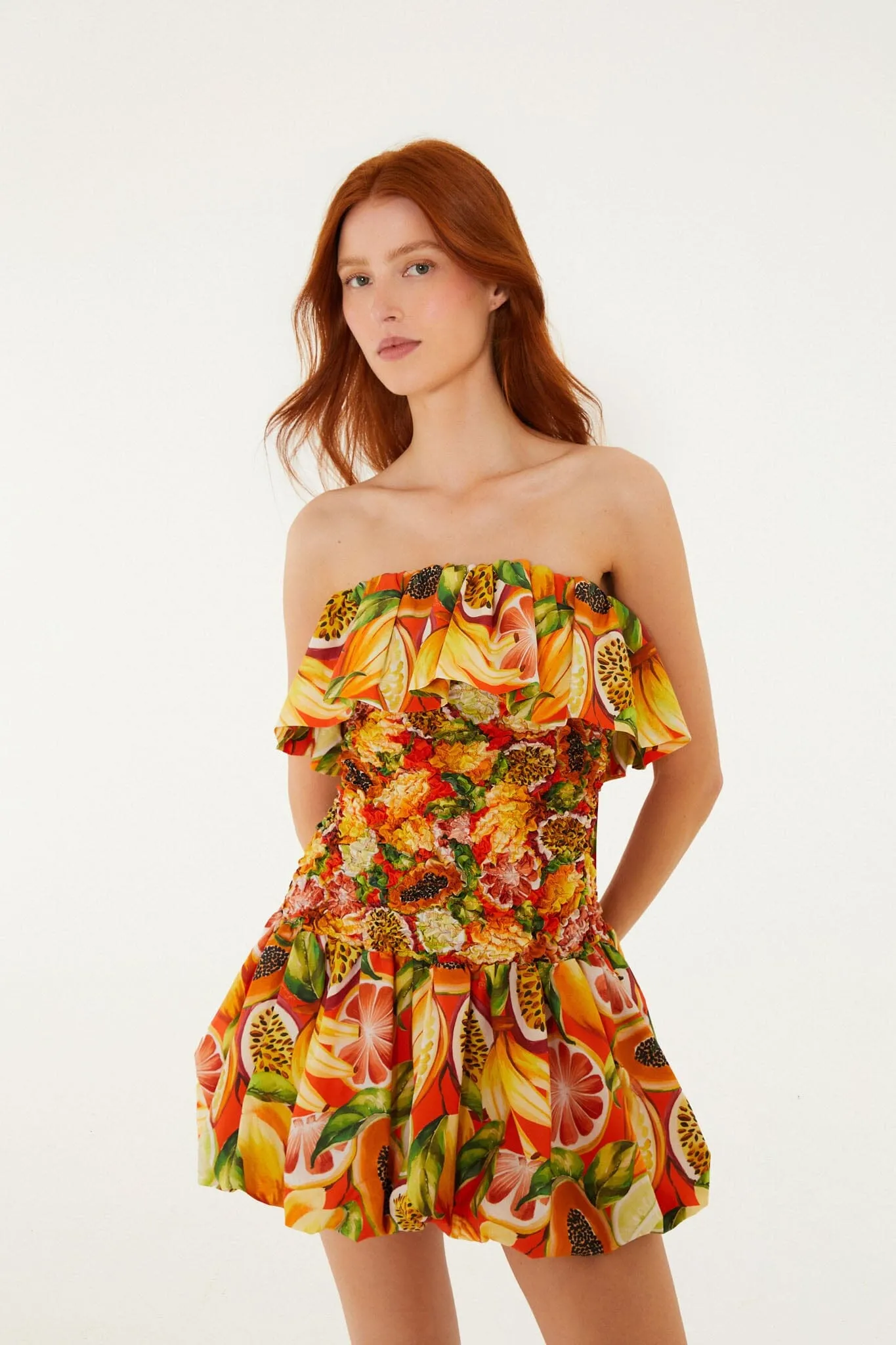 Multicolor Fruit Garden Red Smocked Balloon Mini Dress sold by FARM Rio product image thumbnail 4