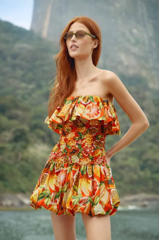 Multicolor Fruit Garden Red Smocked Balloon Mini Dress made by FARM Rio