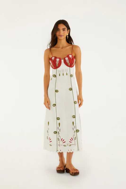 Off-White Tulip Richelieu Embroidered Midi Dress made by FARM Rio
