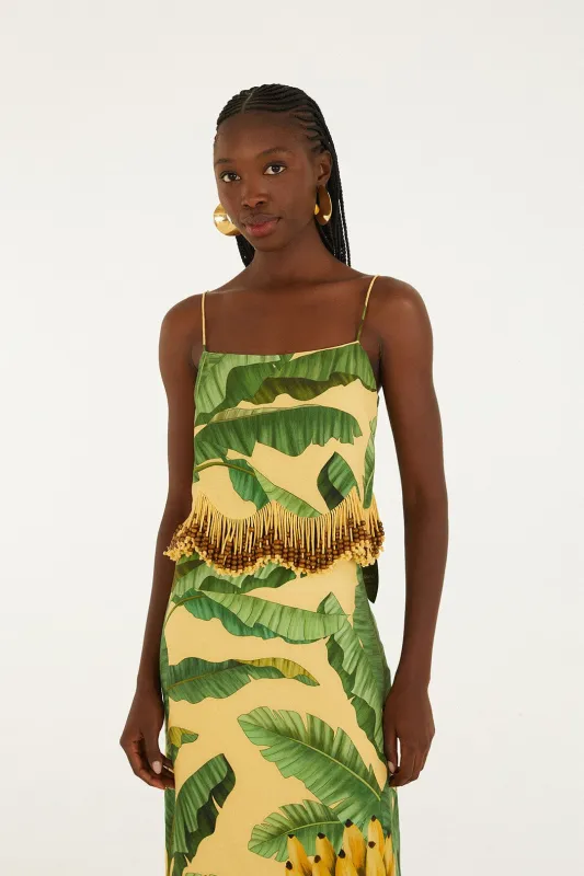 Yellow Fruit Leaves Banana Beaded Fringes Sleeveless Top made by FARM Rio