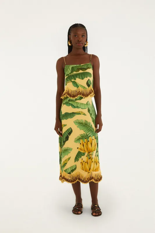 Yellow Fruit Leaves Banana Beaded Fringes Maxi Skirt made by FARM Rio