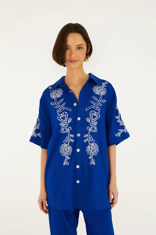 Blue Romantic Embroidered Shirt made by FARM Rio