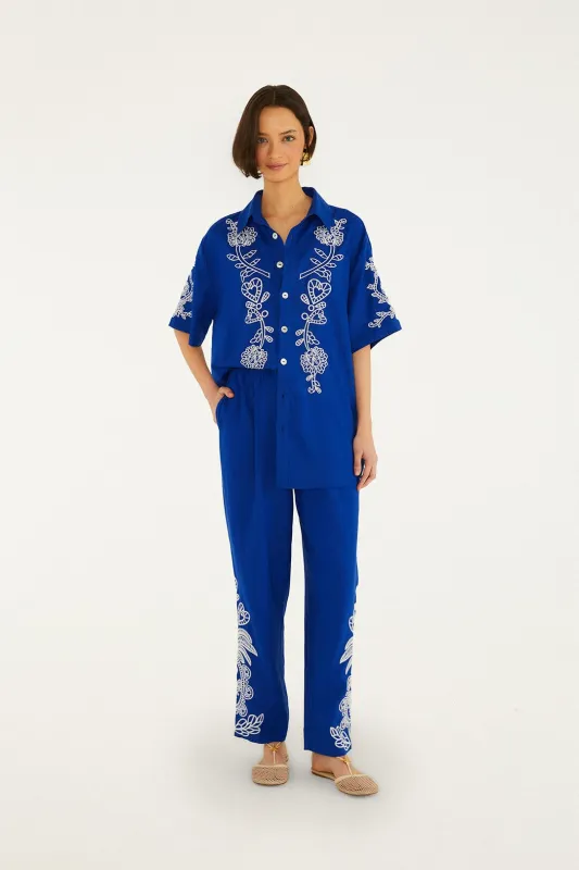 Blue Romantic Embroidered Pants made by FARM Rio