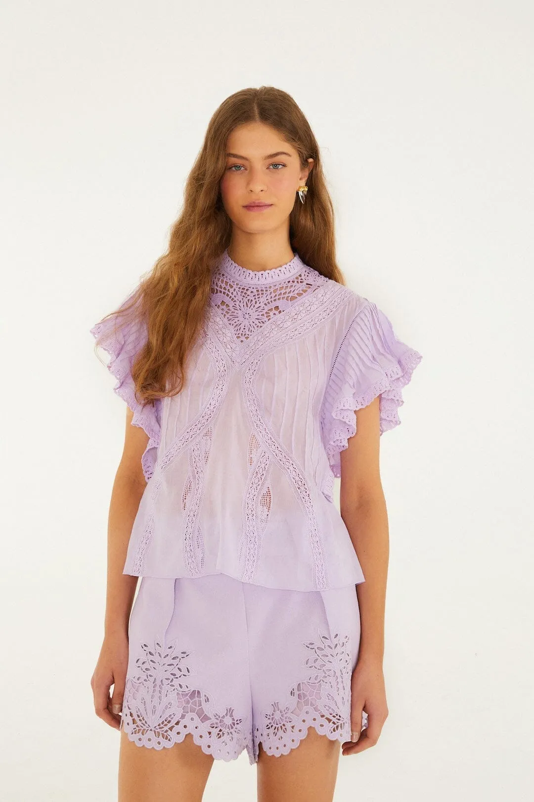 Lilac Lace Ruffled Organic Cotton Blouse sold by FARM Rio