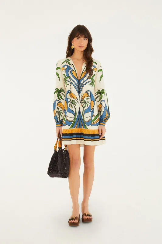 Sand Tropical Graphic Lace Ruffled Mini Dress made by FARM Rio