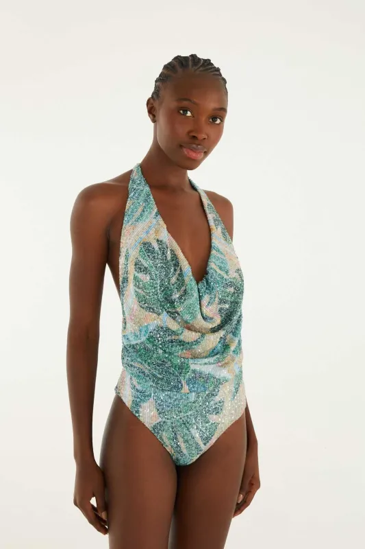 Green Mosaic Sequined One Piece Swimsuit made by FARM Rio