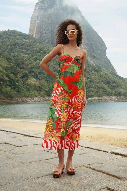 Red Fruit Trolley Sweetheart Neck Maxi Dress made by FARM Rio