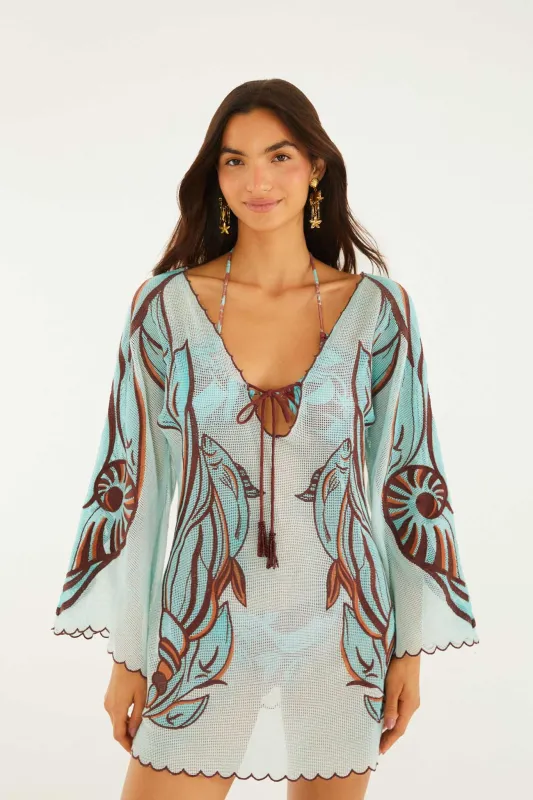 Blue Fish Net Embroidered Long Sleeve Mini Dress made by FARM Rio