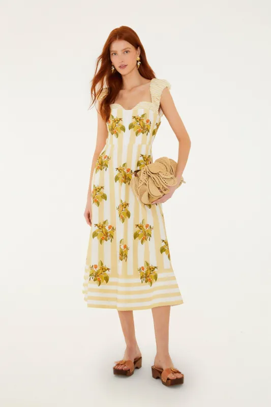 Yellow Lemon Birds Sweetheart Neck Midi Dress made by FARM Rio