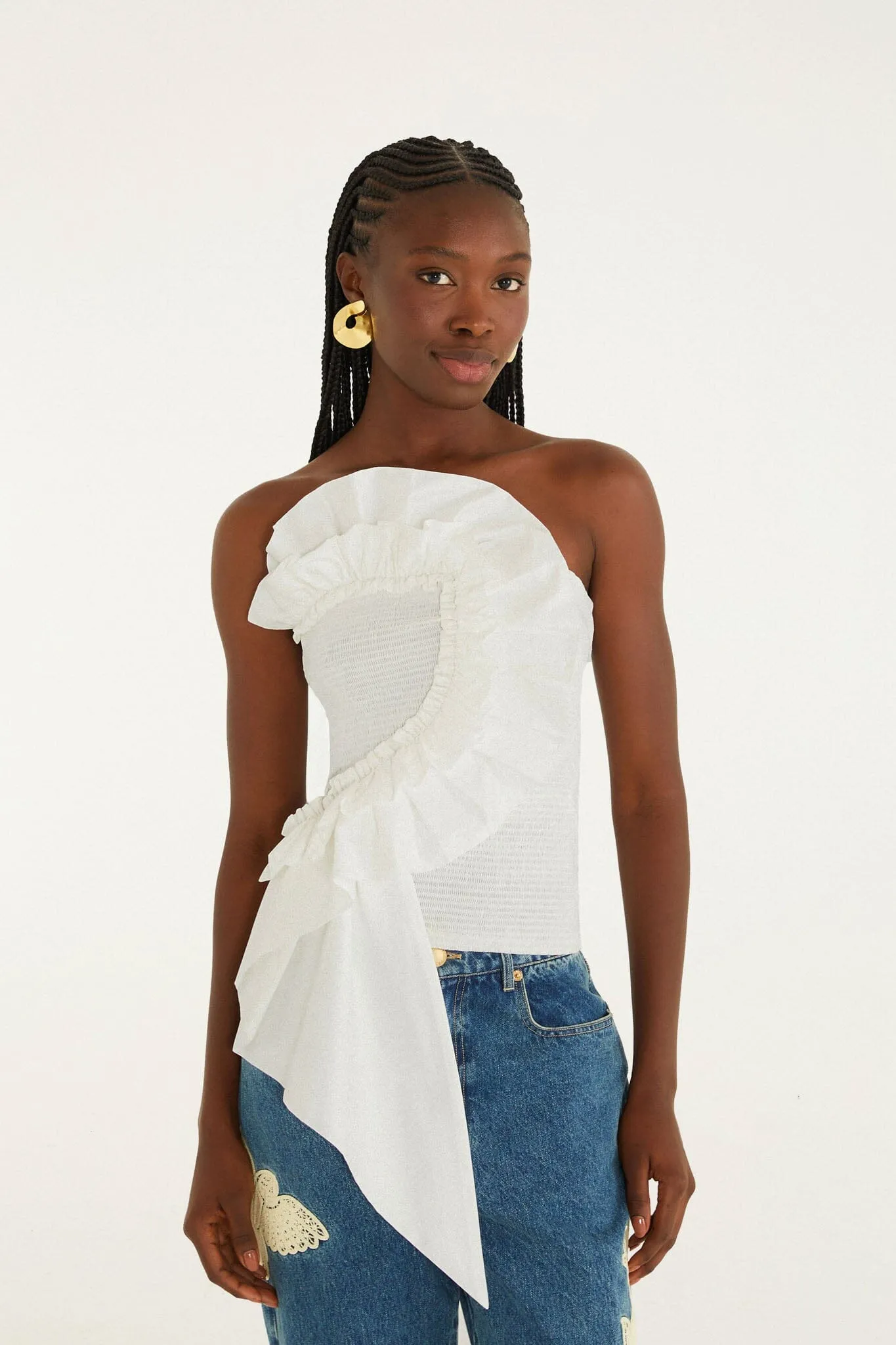 White Smocked Strapless Top sold by FARM Rio