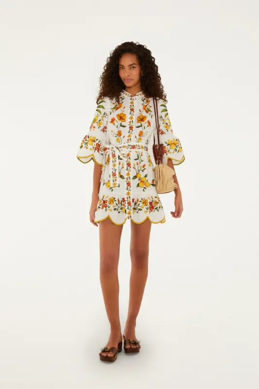 Off-White Lemon Bouquet Belted Puff Sleeve Mini Dress made by FARM Rio
