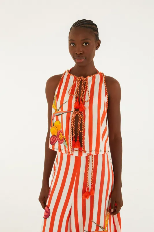 Red Fruit Stripes Embroidered Rope Details Blouse made by FARM Rio