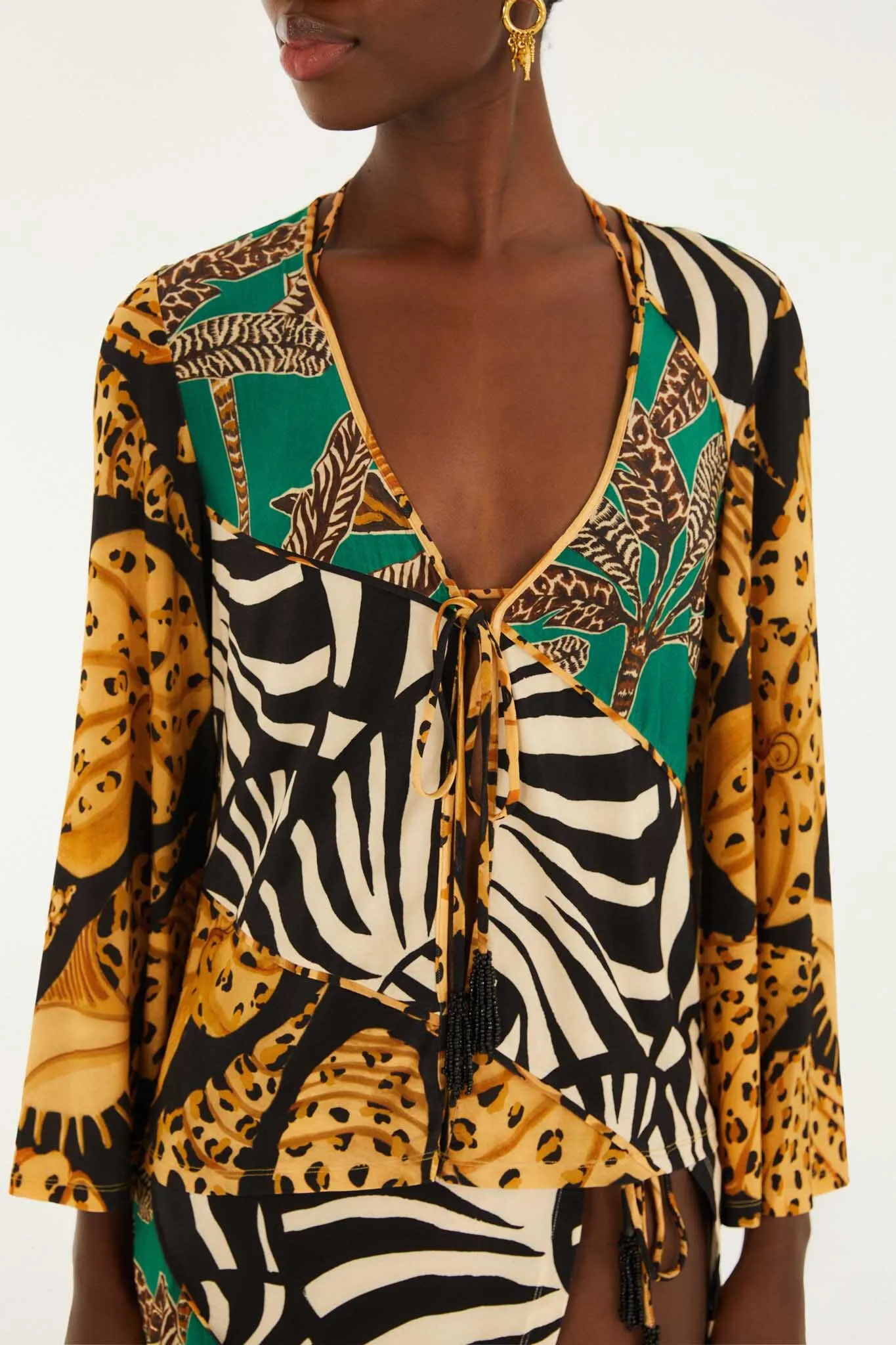 Mixed Patchwork Front Beaded Ties Blouse sold by FARM Rio product image thumbnail 2