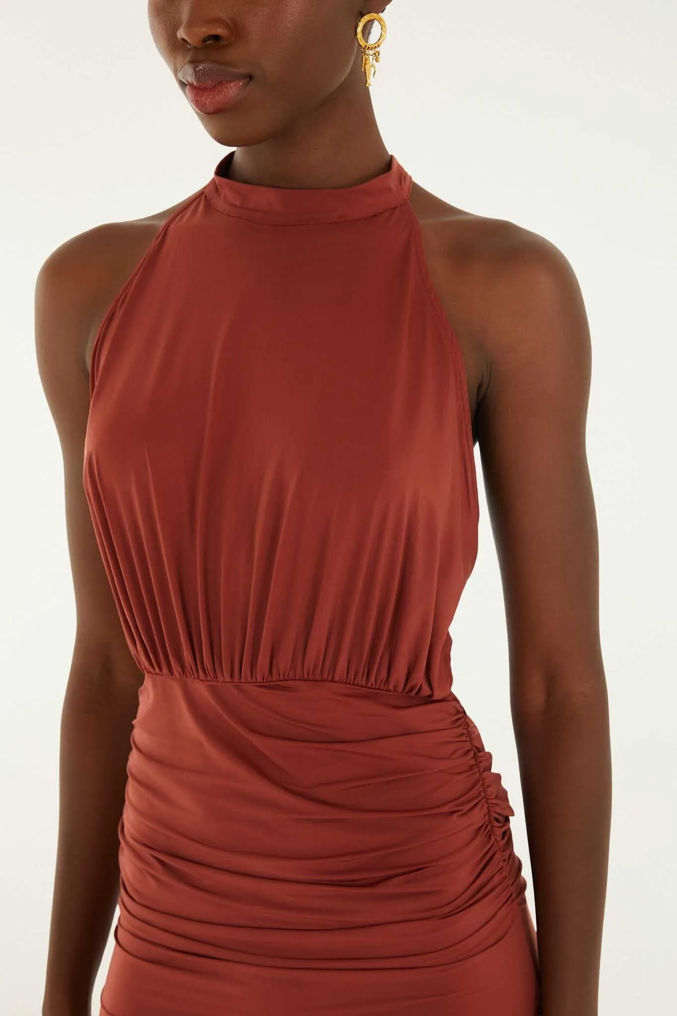 Brown High Neck Draped Open Back Mini Dress sold by FARM Rio product image thumbnail 2