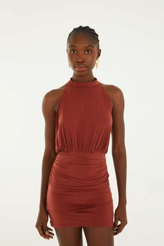 Brown High Neck Draped Open Back Mini Dress made by FARM Rio