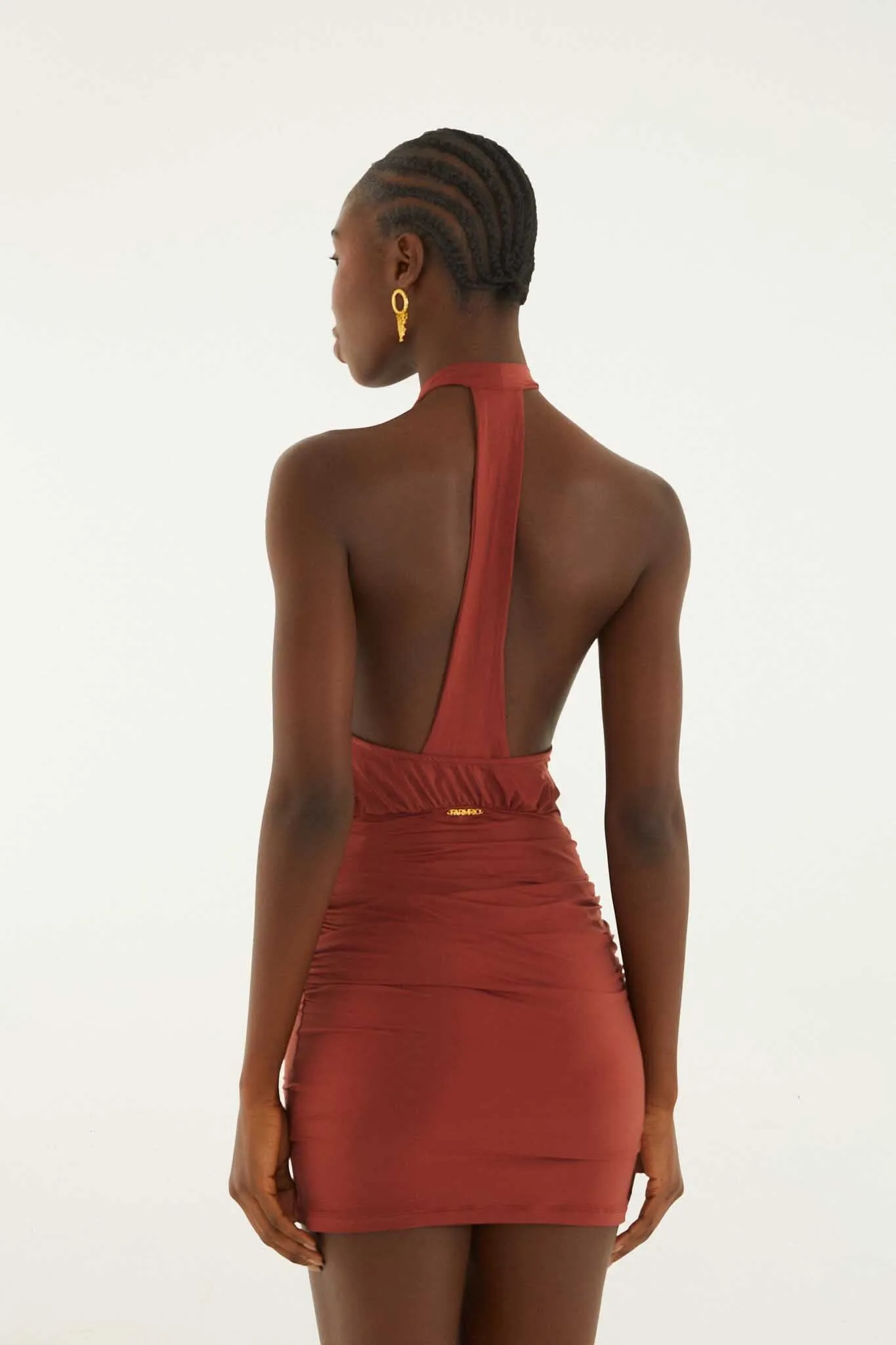 Brown High Neck Draped Open Back Mini Dress sold by FARM Rio product image thumbnail 3
