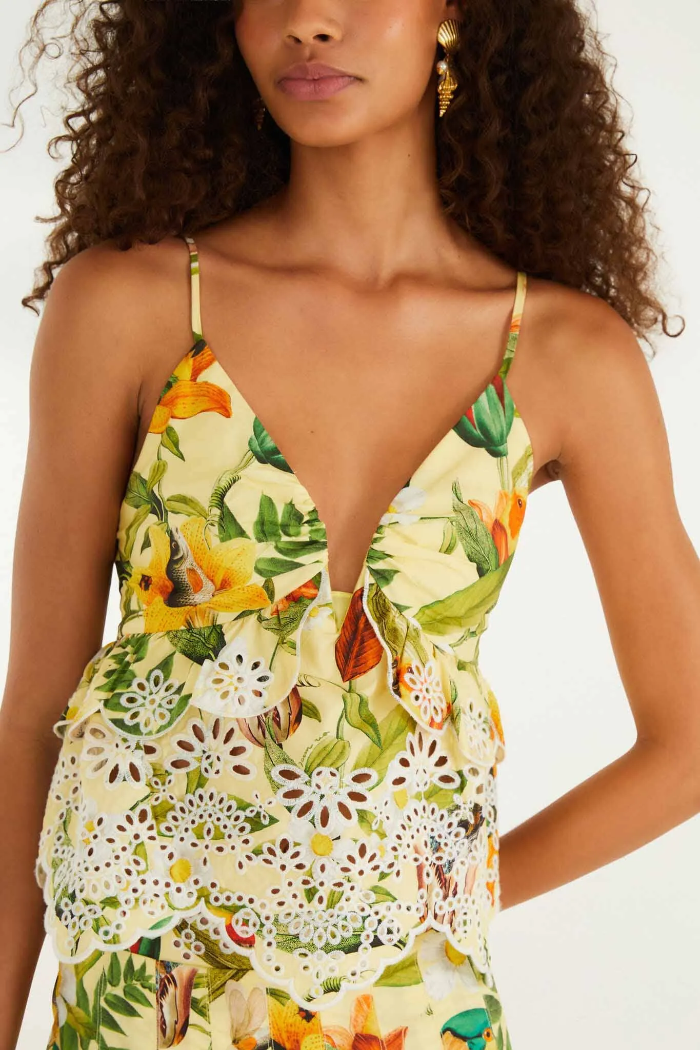 Soft Yellow Brasil Collage Lace Ruffled Blouse sold by FARM Rio product image thumbnail 5
