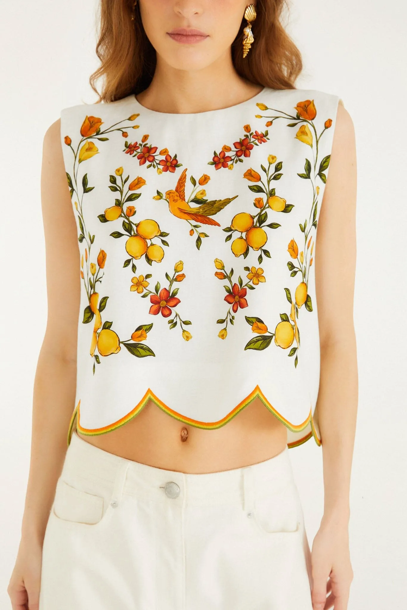 Off-White Lemon Bouquet Wavy Hem Sleeveless Blouse sold by FARM Rio product image thumbnail 4