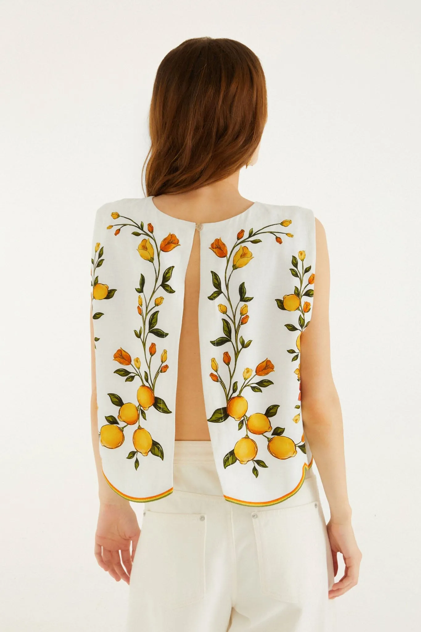 Off-White Lemon Bouquet Wavy Hem Sleeveless Blouse sold by FARM Rio product image thumbnail 3