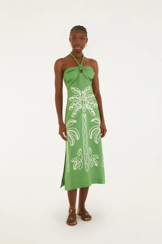 Green Palm Tree Embroidered Halter Neck Midi Dress made by FARM Rio