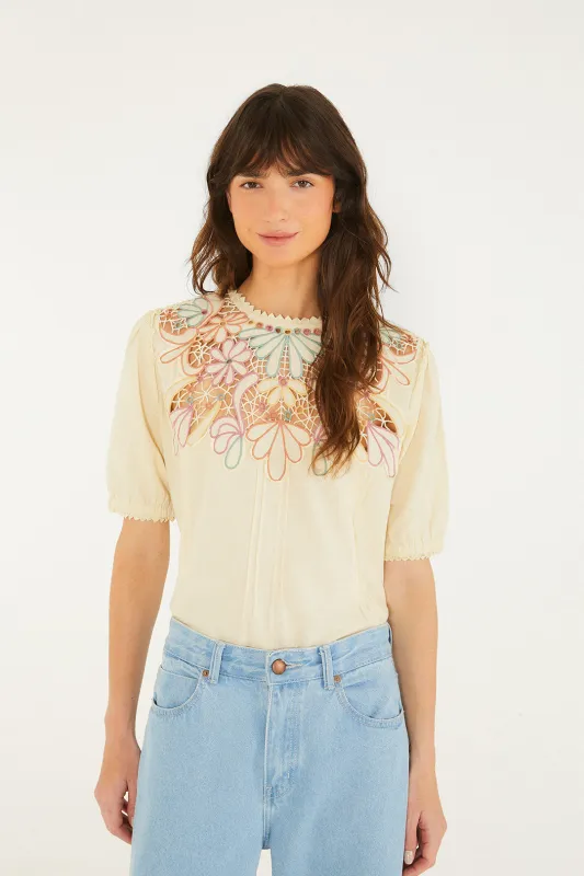 Beige Flower Embroidery Short Sleeve Blouse made by FARM Rio