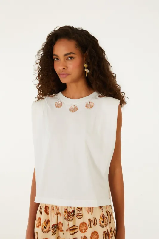 Off-White Seashell Embroidery Padded Shoulders T-Shirt made by FARM Rio
