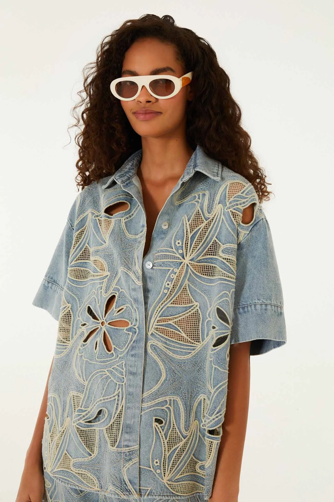 Denim Sea Desire Embroidered Short Sleeve Shirt sold by FARM Rio product image thumbnail 4