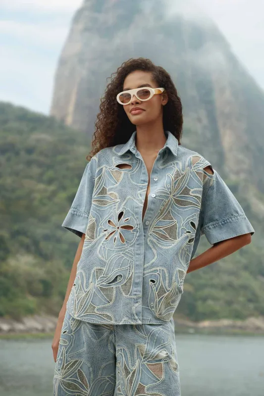 Denim Sea Desire Embroidered Short Sleeve Shirt made by FARM Rio