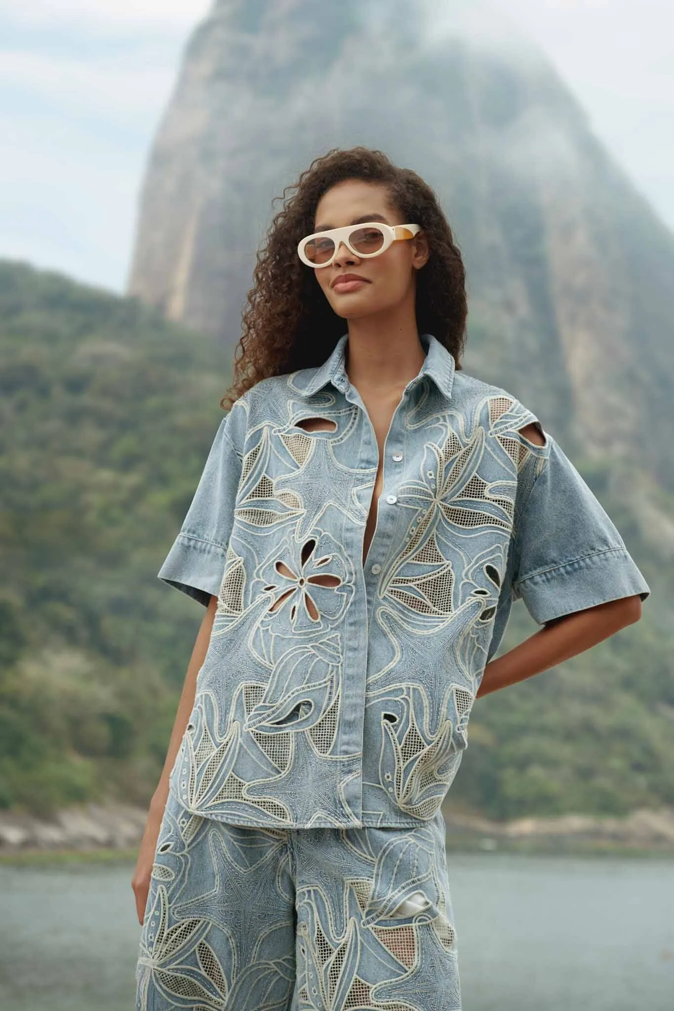 Denim Sea Desire Embroidered Short Sleeve Shirt sold by FARM Rio