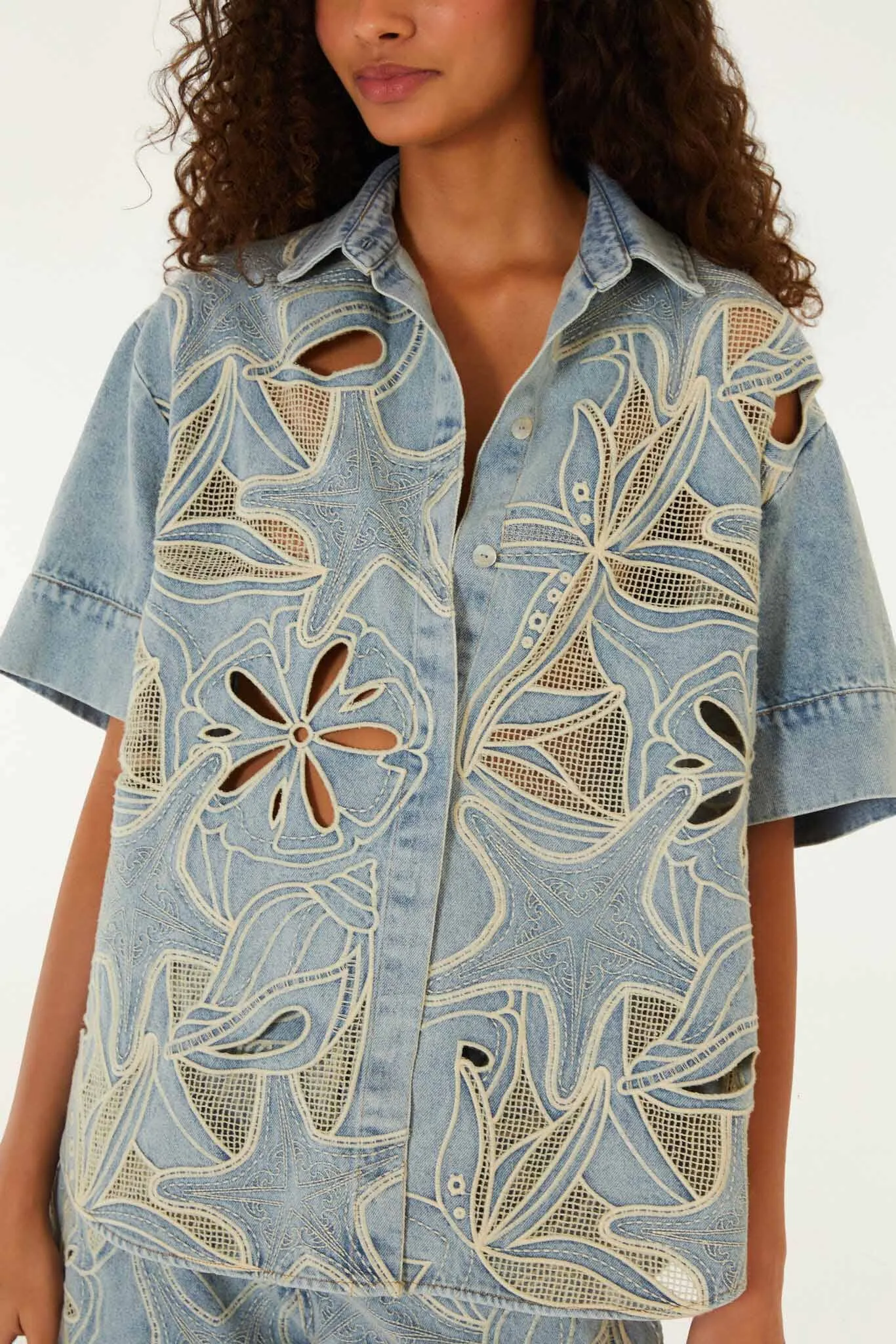Denim Sea Desire Embroidered Short Sleeve Shirt sold by FARM Rio product image thumbnail 5