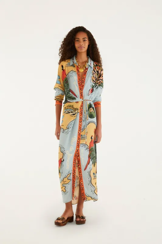 Multicolor Beaches Path Collared Buttoned Maxi Dress made by FARM Rio