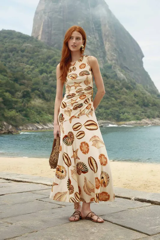 Sand Marine Shells Tassel One-Shoulder Maxi Dress made by FARM Rio