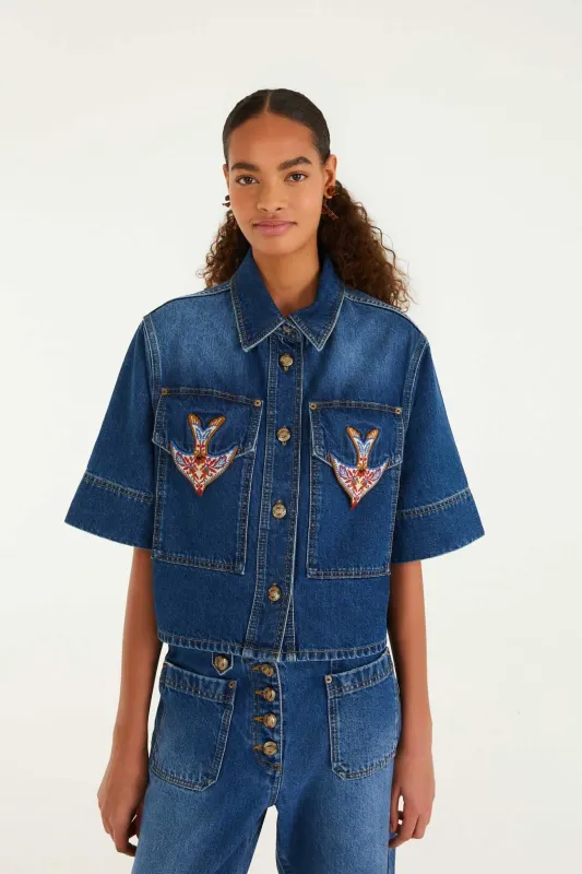 Denim Porcelain Birds Embroidered Shirt made by FARM Rio