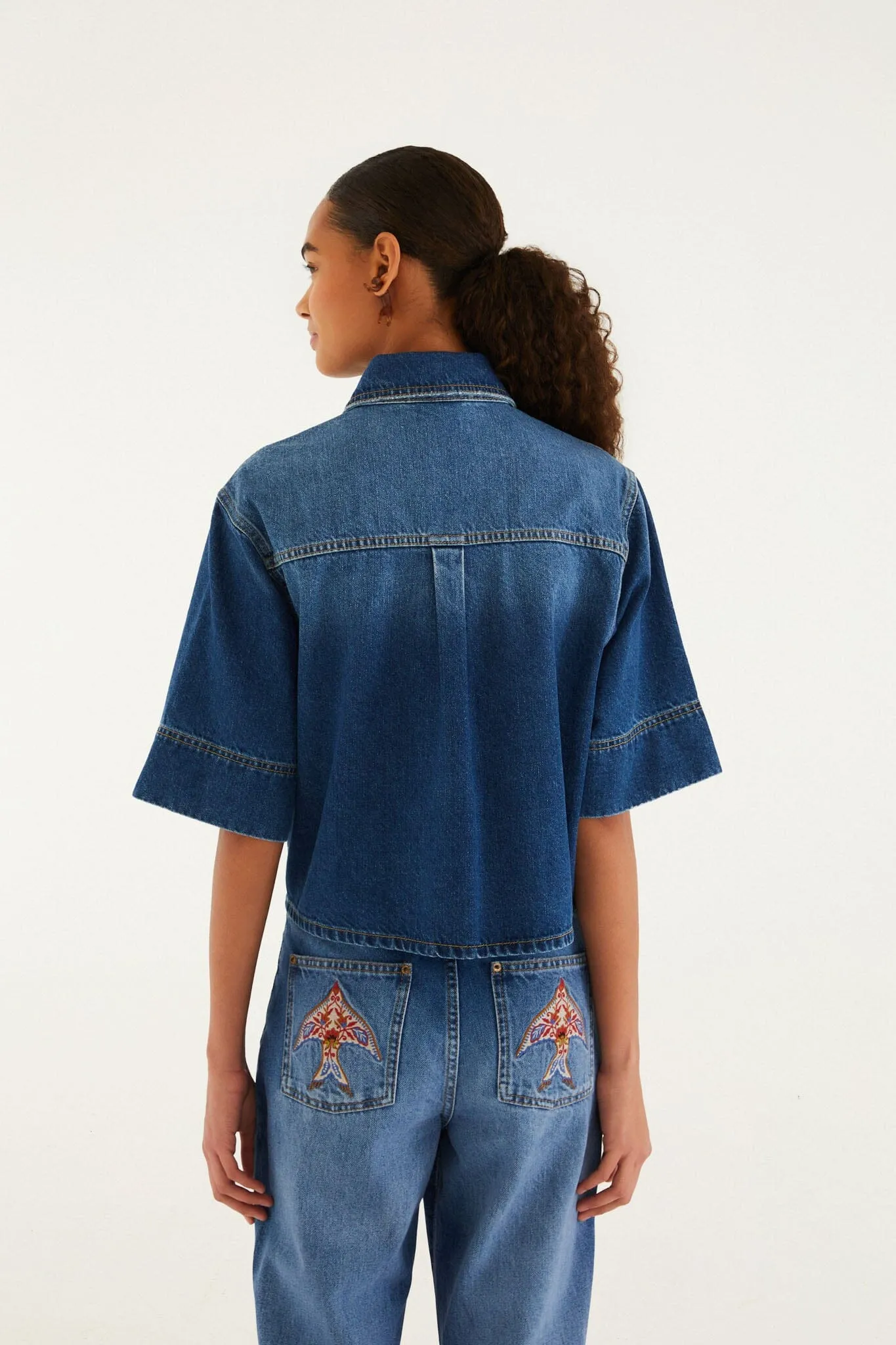 Denim Porcelain Birds Embroidered Shirt sold by FARM Rio product image thumbnail 3